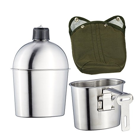 Pinty Military Stainless Steel 1L Canteen with 0.6L Cup G.I. Army Green Nylon Cover