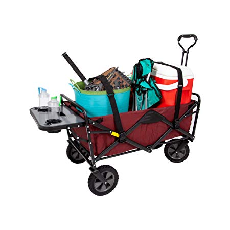 Mac Sports Collapsible Folding Wagon with Wheels for Outdoor Utility with Table, Drink Holders and Straps, Maroon