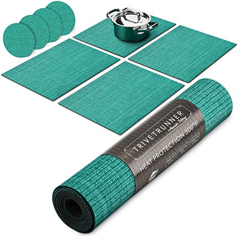 Trivetrunner:Decorative Modular Trivet Runner for Table 4 pcs Placemats Extendable Hot Pad, with Coasters Heat-Resistant Surface,for Hot Plates, Pots, Dishes, Cookware for Kitchen (Turquoise)