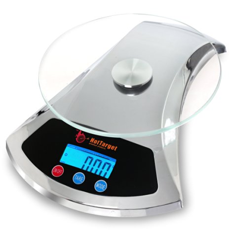 Food Scale - Hot Target Elegant Digital Kitchen Scale 22lb/10kg Capacity with LCD Display & Tare Function (Chrome), small kitchen. Includes Batteries & Lifetime Guarantee