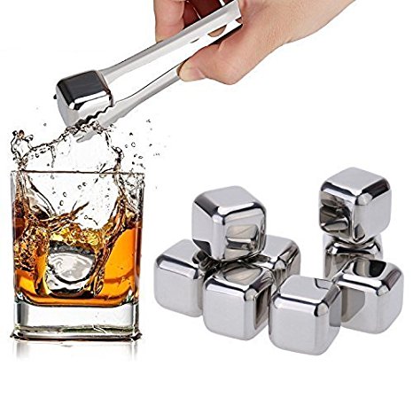 Mayshion Stainless Steel Reusable Ice Cubes Chilling Stones Including Ice Tong for Whiskey and Beverages - Set of 8