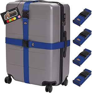 Gorilla Grip Heavy Duty 4 Pack Adjustable Luggage Straps for Suitcases, Easy to Identify Travel Belt Connector Holds Suitcase Together, Extends Life of Bag, Strap Connects Two Bags, Accessories Blue