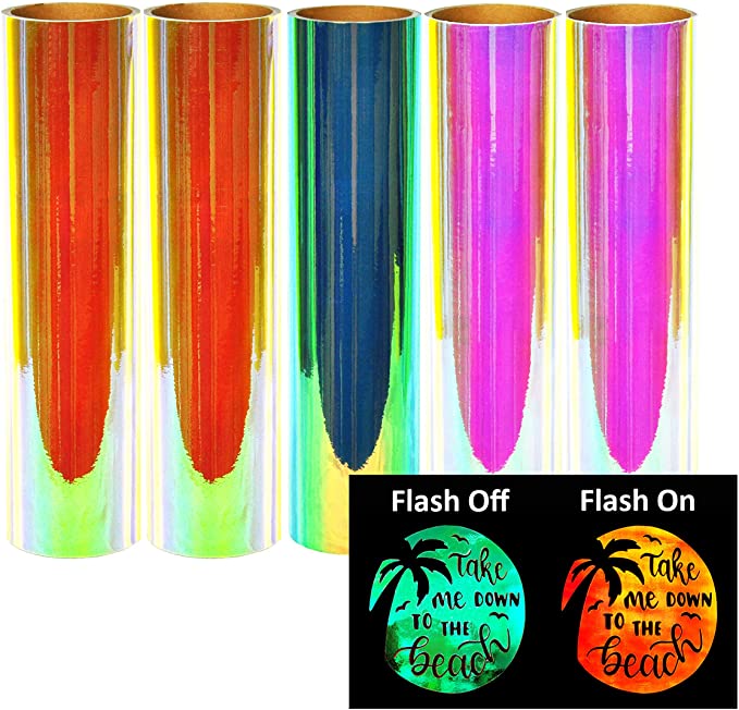 Stardustworkx Permanent Adhesive Vinyl Holographic Reflective for Cricut Silhouette Cameo and Car Decal Tumbler Sticker Bonus 2 Transfer Papers (Assorted 5 Pack)