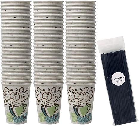 DuraCasa Dixie PerfecTouch Insulated Paper Hot Cup 75 Count, 12 oz Coffee Cups Drinking/Stirring Straws Bundle (12 oz, 75 Cups, 75 Straws)
