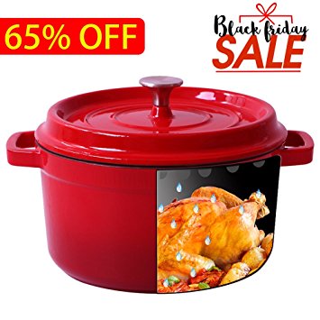 Enameled Cast Iron Dutch Oven - Red Color 4.7-QT SGS Certified Energy Efficient and eco-friendly - by Shilucheng