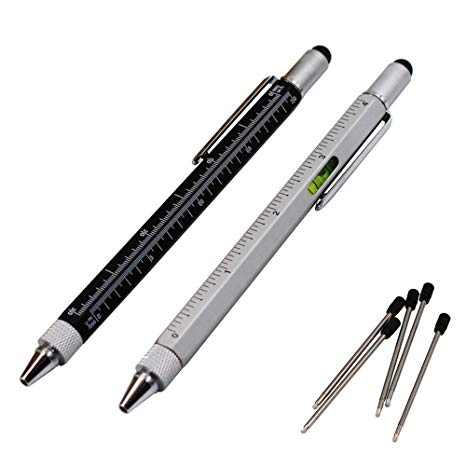 2PCS PACK 6 in 1 Screwdriver Tool Pen - Mini Multifunction Pen with Stylus, Flat and Phillips Screwdriver Bit, Bubble Level and inch cm Ruler all in one (Black & Silver)