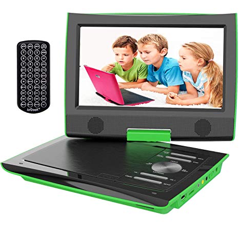 ieGeek Region Free 11" Portable DVD Player, 9" Brightness Swivel Screen,5 Hours Rechargeable Battery, Remote Control,2 Earphone Jack, SD/MMC USB Reader, AV Output, Green