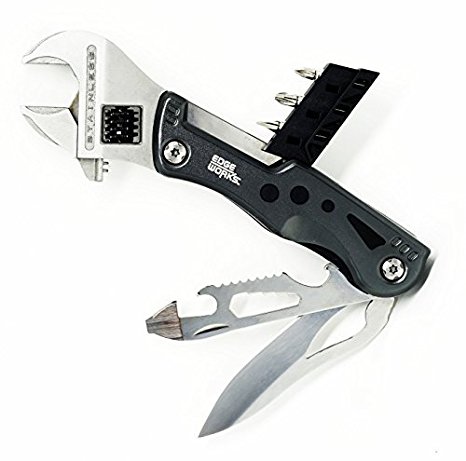 EdgeWorks 15-in-1 Heavy-Duty Adjustable Crescent Wrench Multitool includes 3 inch Knife, Saw, Flat and Phillip Screwdriver Bits, Hex Wrenches, LED Light in the handle and a High Density Nylon Pouch