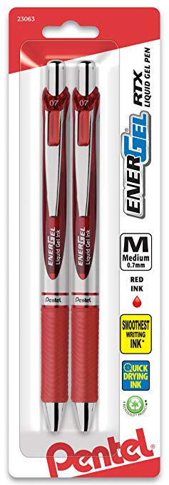 Pentel EnerGel Deluxe RTX Retractable Liquid Gel Pen, 0.7mm, Metal Tip, Red Ink, 2 Pack  (BL77BP2B)