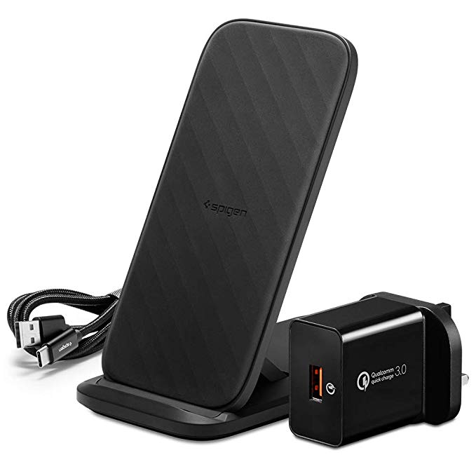 Spigen SteadiBoost Flex Convertible Fast Wireless Charger [7.5/10/15W] [Power Adapter Included] [IP Technology] Wireless Charging Pad & Stand for iPhone and Galaxy [Pixel and Huawei Not Recommended]