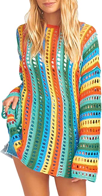 Bsubseach Women Lace Up V Neck Long Sleeve Crochet Swimsuit Cover Up Dress