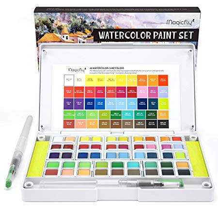 Magicfly Watercolor Paint Set - 48 Assorted Watercolors - Travel Watercolor Kit Includes 2 Water Brushes