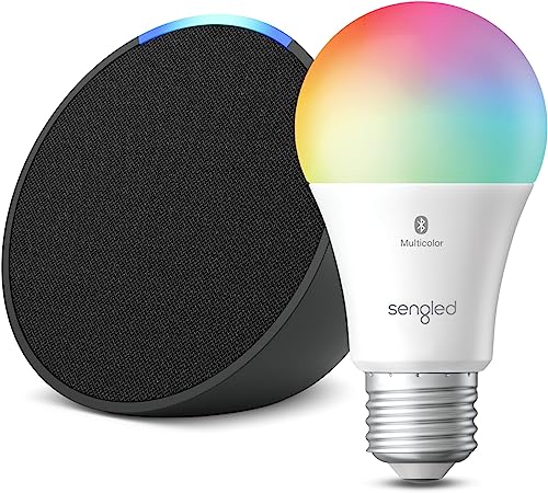 Echo Pop | Charcoal with Sengled Smart Color Bulb | Alexa smart home starter kit