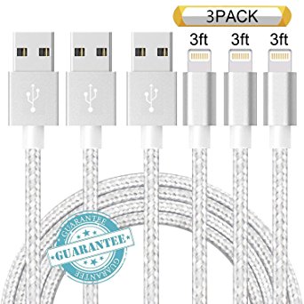 DANTENG iPhone Cable 3Pack 3FT, Charging Cord Nylon Braided 8 Pin to USB Lightning Charger for iPhone X, 8 , 8, 7 , 7, SE, 5, 5s, 6s, 6, 6 Plus, iPad Air, Mini, iPod (SilverGrey)