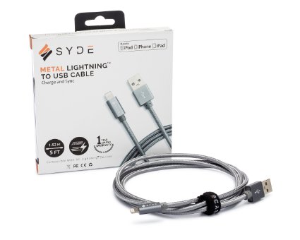 Syde METAL Lightning Cable (5ft) - MFI Certified - Military-Grade Fast Charging Cable [Thermoplastic Elastomer, Dual-Mylar Shielding, & Double Braided Nylon] for iPhone, iPad, and iPod (Gray)