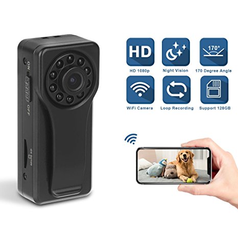 1080P HD Wireless WiFi Spy Camera- Mini Portable Hidden Body Camcorder with Night Vision/ Motion Detection/ Loop Recording, P2P Wireless Digita Video Nanny Cam of Home Office Security
