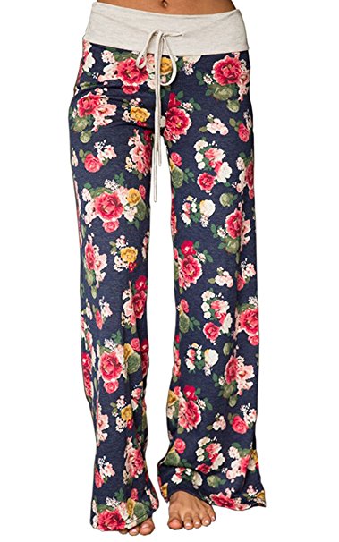 Angashion Women's High Waist Casual Floral Print Drawstring Wide Leg Pants