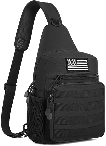 MOSISO Tactical Sling Backpack, Small Chest Shoulder Bag Military Army Assault Molle Rucksack for Outdoor Sports Hiking Hunting Fishing Camping Training with USA Flag Patch & Side Bottle Holder, Black