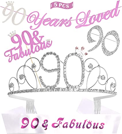 90th Birthday, 90th Tiara Sash Banner Cake Topper, 90th Birthday Decorations Party Supplies, 90th Pink Satin Sash 90 & Fabulous, Glittery Cheers to 90 Years Banner, 90th Birthday Gifts for Women