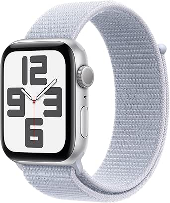 Apple Watch SE (2nd Gen) [GPS 44mm] Smartwatch with Silver Aluminium Case with Blue Cloud Sport Loop One Size. Fitness and Sleep Trackers, Crash Detection, Heart Rate Monitor, Carbon Neutral