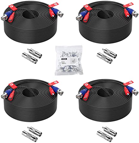 ZOSI 4 Pack 150ft (45 Meters) All-in-One Video Power Cable, BNC Extension Surveillance Camera Cables for Video Security DVR Camera Systems (Included 4X BNC Connectors and 4X RCA Adapters)-Black Color