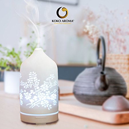 KOKO AROMA Best Floral Ceramic Essential Oil Diffuser, Aromatherapy Mist Humidifier, Elegant, Stylish Spa Vapor Purifier w/ DIY eBook