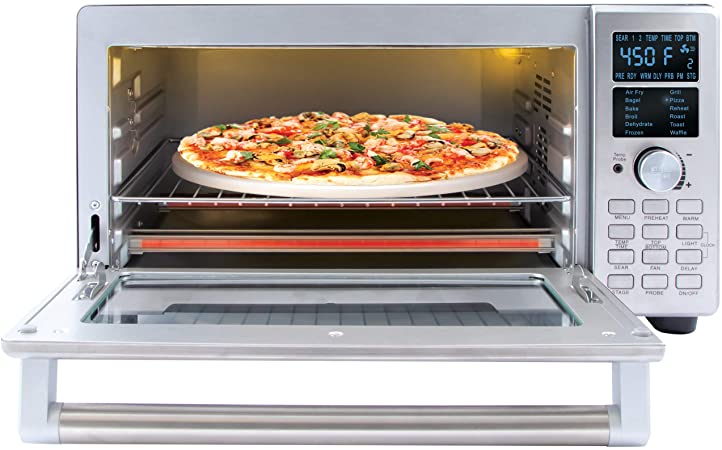 NUWAVE BRAVO XL 1800-Watt Convection Oven with Crisping and Flavor Infusion Technology (FIT) with Integrated Digital Temperature Probe for Perfect Results; 12 Programmed Presets; 3 Fan Speeds; 5-Quartz Heating Elements; Precision Temperature Control from 100F to 450F in 5F increments; Cook up to a 10 LB. Chicken, 13 inch Pizza, or 9 Slices of Toast; Air Fry, Broil, Bake, Roast, Grill, Toast; Dehydrate, Warm, and Reheat