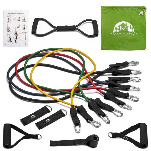 Metrical Poetry Resistance Band Set with Door Anchor, Handle, Ankle Strap, Chest Expander and Resistance Band Carrying Case - Perfect for any Home Fitness Training - Workout Abs, Arms, Legs and Back