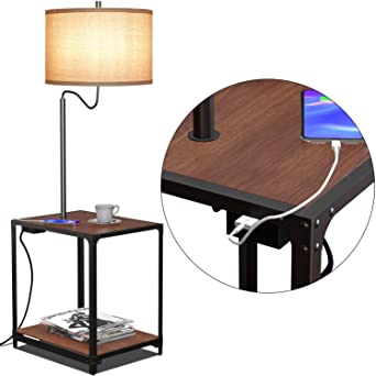 Hykolity LED Floor Lamp with End Table and USB Charging Port, Modern Bedside Nightstand Lighting, Attached Side Table with Shelves for Living Room, Bedroom, Guest Room, Walnut