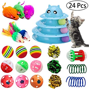Strangefly Kitten Toys,Interactive Fun Play Cat Toys Set, 24Pcs-1 Tower of Tracks(3 Levels)  1 Jingle Bell Ball 12 Balls(4 Groups)  5 Mice 3 Crinkle Balls 2 Springs, Suitable for Multiple Kitty Toys