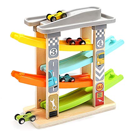 Top Bright Wooden Ramp Race Track with 4 Mini Cars Race Tracks Ramp Toys for Kids,Toddle