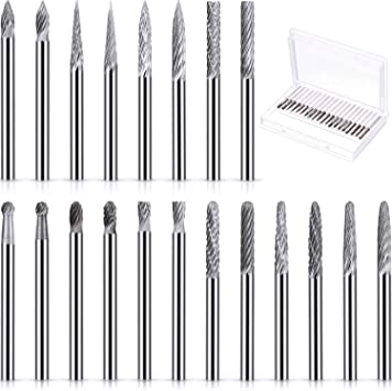 20 Pieces Solid Carbide Burr Set Carbide Rotary Burrs 1/8 Inch Shank Files Carbide Burr Bit Burrs for Rotating Bits, Woodworking, Engraving, Drilling and More