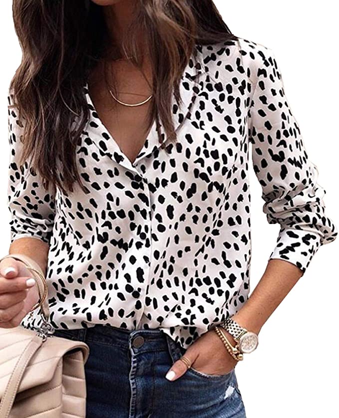 Avanova Women's Casual Leopard Print Tops Blouse V Neck Long Sleeve Button Down Shirt