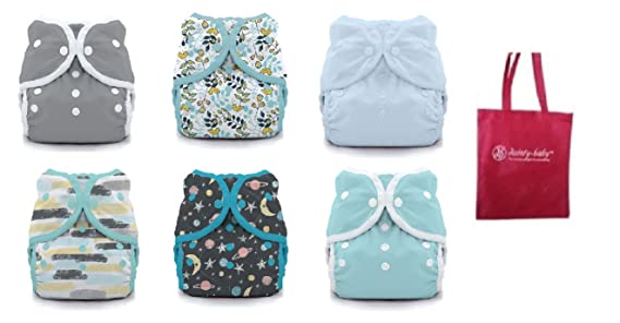 Thirsties Duo Wrap Snaps Size 1 Gender Neutral Colors 6 Pack with Reusable Dainty Baby Bag Bundle