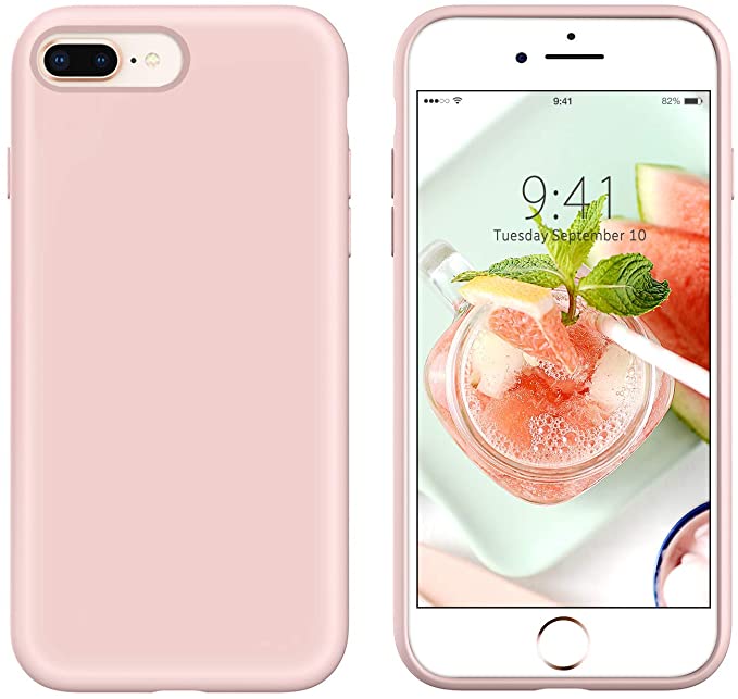 iPhone 7 Plus Cases, iPhone 8 Plus Phone Case,DUEDUE Liquid Silicone Soft Gel Rubber Slim Fit Cover with Microfiber Cloth Lining Cushion Shockproof Full Body Protective Anti Scratch Case for iPhone 8 Plus/ iPhone 7 Plus for Women Girls, Pink Sand