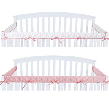 Quilted Crib Rail Cover Protector Safe Teething Guard Wrap for Standard Crib Rails, 3 - Piece, Fit Side and Front Rails, Pink/White, Reversible, Safe and Secure Crib Rail Cover.