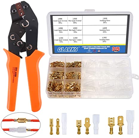 Glarks Self-Adjusting Wire Terminals Crimping Pliers Tool AWG26-16(0.5-1.5mm²) with 315Pcs 2.8mm 4.8mm 6.3mm Male/Female Wire Spade Connectors Terminals Crimper Kit