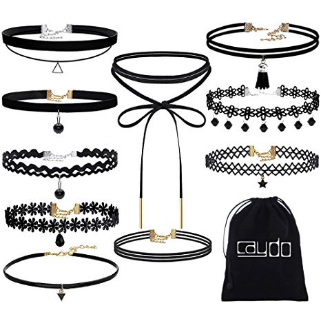 Caydo 10 Pieces Black Velvet Chokers Necklaces Set, Lace and Gothic Tattoo Necklace