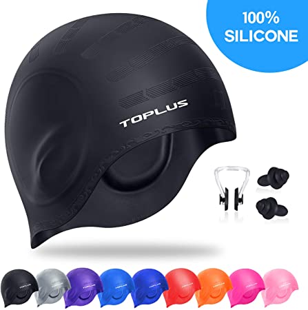 TOPLUS Swim Cap, Durable Silicone Swimming Cap Cover Ears, 3D Ergonomic Design Swimming Caps for Women Kids Men Adults Boys Girls with Nose Clip & Earplugs