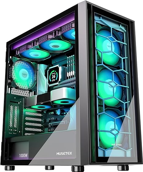 MUSETEX ATX PC Case 4 PWM ARGB Fans Pre-Installed, Mid Tower Gaming PC Case, Double Tempered Glass Tower Computer Case, Support 280MM RAD, USB 3.0 x 2, Black, G08