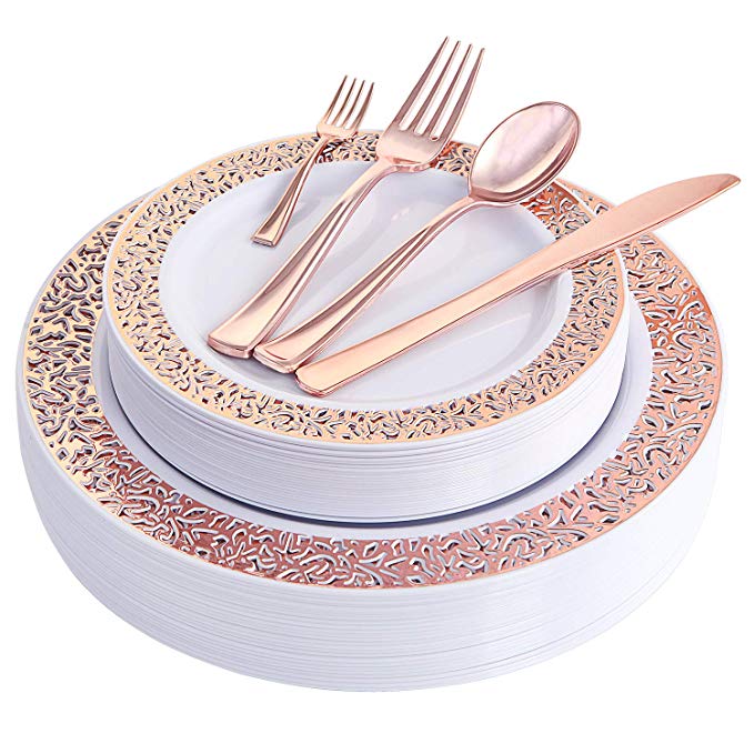 WDF 150PCS Rose Gold Plastic Plates with Disposable Plastic Silverware,Lace Design Plastic Tableware sets include 25 Dinner Plates,25 Salad Plates,25 Forks, 25 Knives, 25 Spoons/Bonus 25 Mini Forks