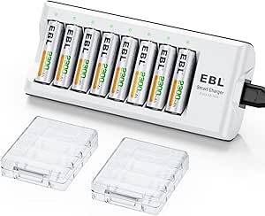 EBL Chargeur de Piles, avec 8PCS AA Piles Rechargeables 2300mAh Chargeur Intelligent 8 Slots