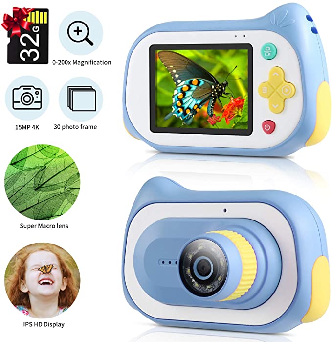 Kids Digital Camera,Koolertron Upgraded 15MP 4K Compact Starter Camera Mini Video Player Recorder & 200X Magnifier Digital Microscope 32GB TF Card for Children 3-10 Years Old Boys Girls