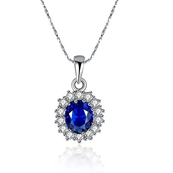 Women's Classic CZ Round Cut Blue Sapphire Crystal Pendant Necklace With Swarovski Element 18" Chain