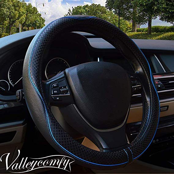 Valleycomfy 14.25 inch Auto Car Steering Wheel Covers Black with Blue Lines- Genuine Leather for Prius Civic