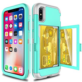 iPhone Xs Case, iPhone X Case, Elegant Choise Wallet Case with Hidden Back Mirror 3 in 1 Heavy Duty Shockproof Armor Defender Protective Case Cover with Card Slot Holder for Apple iPhone Xs (Green)