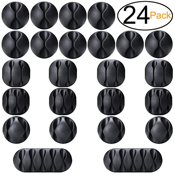 ExcelFu 24 Pieces Cable Clips Self-Adhesive Desk Cable Organizer Cord Management Clips Wire Holder for Cord, Cable and Wire, Black