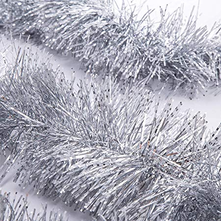 2 Pcs x 6.6 Ft Christmas Tinsel Garland, Classic Thick and Full Sparkly Tinsel Garland,Hanging Xmas Ceiling Christmas Tree Decorations Classic Party Holiday Festival Ornaments, 4 inch Wide Each-Silver