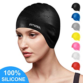 arteesol Swimming Cap, Silicone Swim Cap for Women Men, Durable Non-Slip Waterproof Swim Cap Protect Ears, Long Hair for Adults, Older Kids, Boys and Girls