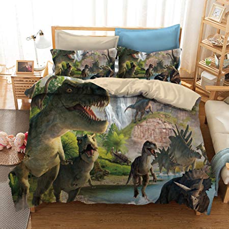 ADASMILE A & S 3D Dinosaur World Print Bedding Sets Reversible 3 Pieces Soft Jurassic Duvet Cover Set for Kids Boys Teens, Queen Size